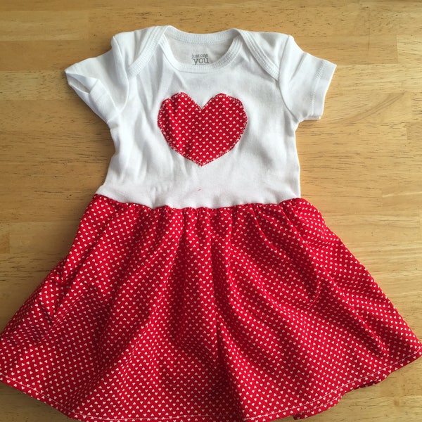 Heart and polka dot dress. Baby one-piece bodysuit dress.