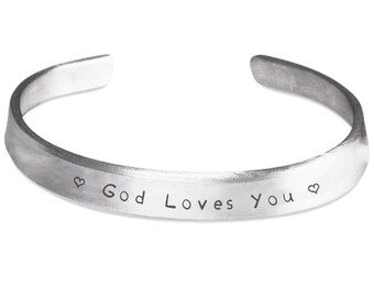 God Loves You Stamped Aluminum Cuff Bracelet