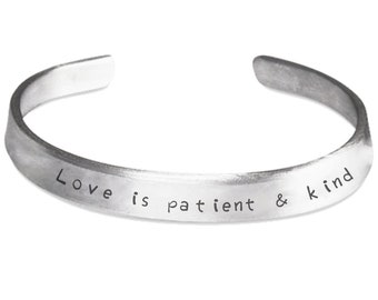 Love Is Patient And Kind Stamped Aluminum Cuff Bracelet