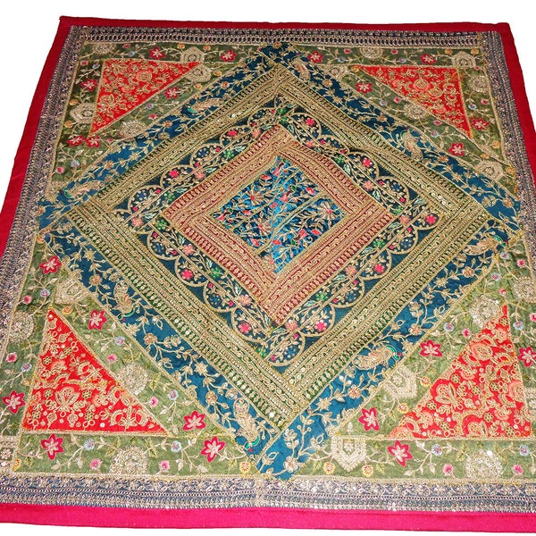 Table cloth table throw table runner huge tapestry handmade Wall hanging vintage patchwork sari beaded 38"