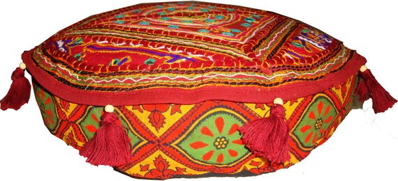 Cushion cover ottoman floor seat cover tapestry couch Red bohemian mirror work embroider hand made round