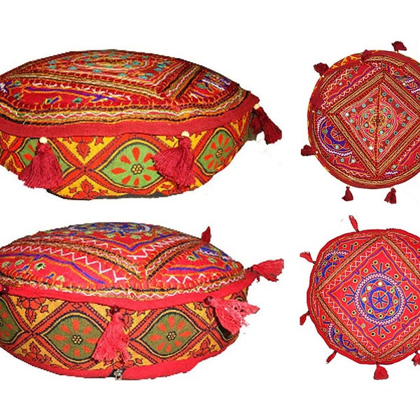 Cushion cover ottman floor seat cover couch boho  tapestry Embroider banjara mirror work decorative round hand made