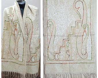 Embroidered Thick Shawl chunky scarf Throw Blanket paisley design handloom soft acrylic yak wool cream brown color outfit