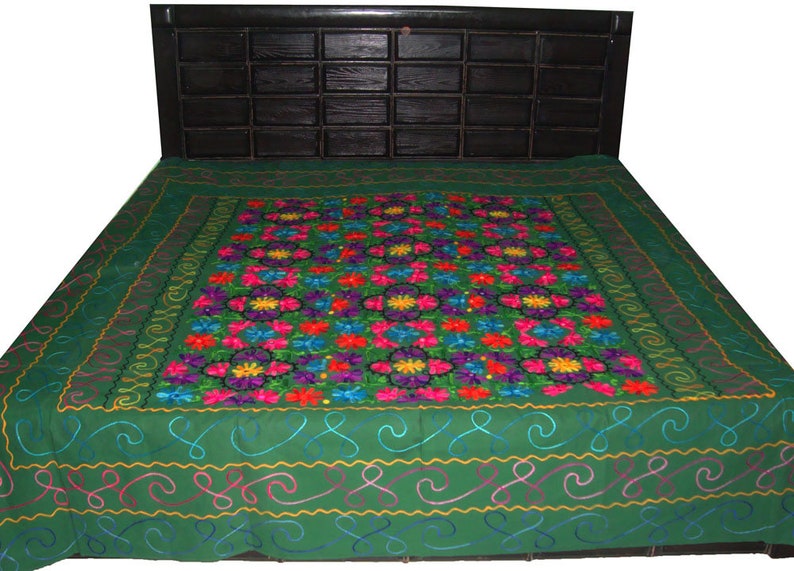 Indian bedsheet bedspread throw coveerlet tapestry 100/% cotton Green floral embroider bed decoration art