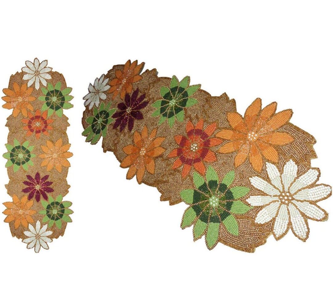Colorful Flowers in Golden Beaded Table Runner Handmade Flower Leaf for ...