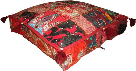 Cushion cover ottoman floor seat cover tapestry couch Red bohemian mirror work embroider hand made round Cushion cover ottoman floor seat cover tapestry couch Red bohemian mirror work embroider hand made round