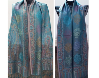 Silk Kashmir's pashmina shawl Kani work wool scarf stole wrap fashion wear paisley design Unique Gift idea