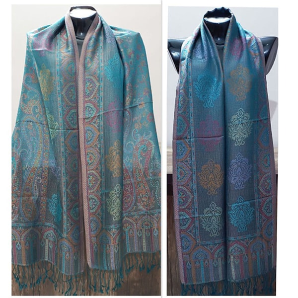 Silk Kashmir's pashmina shawl Kani work wool scarf stole wrap fashion wear paisley design Unique Gift idea