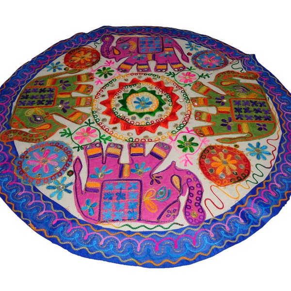 Round Table cover table topper tablecloth sofa throw runner Boho wall tapestry elephant patchwork embroidery 33 inches