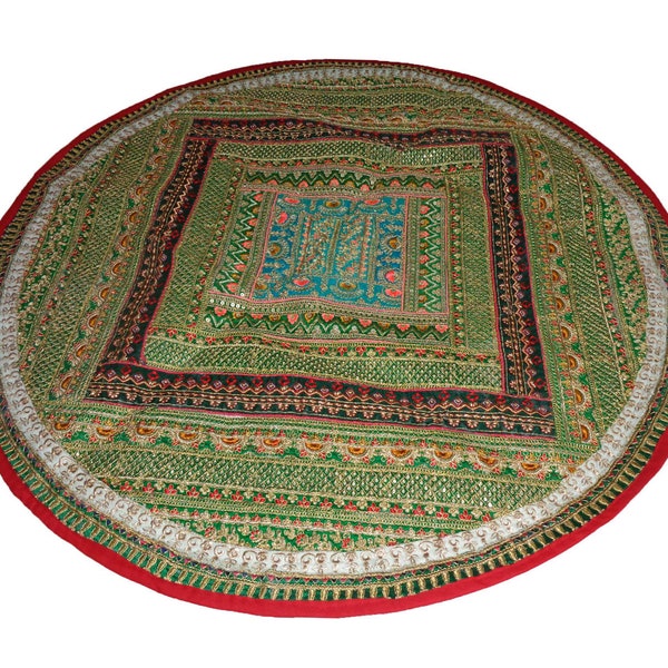 Round Boho Table cloth table mat runner throw tapestry table cover Red cotton embroider patchwork Indian sari beaded 38"