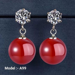 Elegant Red Pearl American Diamond Rhinestone Drop Pearl Dangle Earrings for Women 925 Sterling Silver