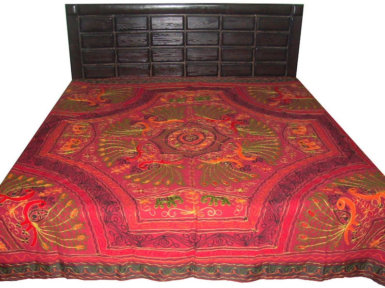 Bedspread bedsheet bedcover throw Indian antique handmade peacock elephant embroider home decor 93