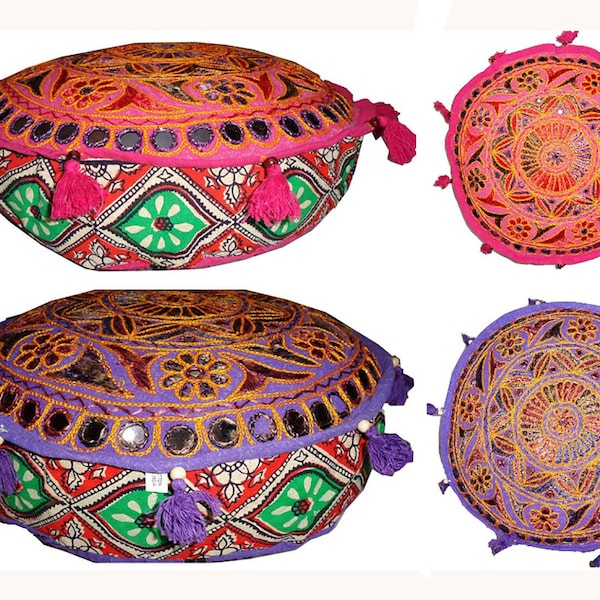 Handcrafted Elegance to Your Home with a Round Ethnic Indian Floor Ottoman Pouf Stool with Hand Embroidery mirror work