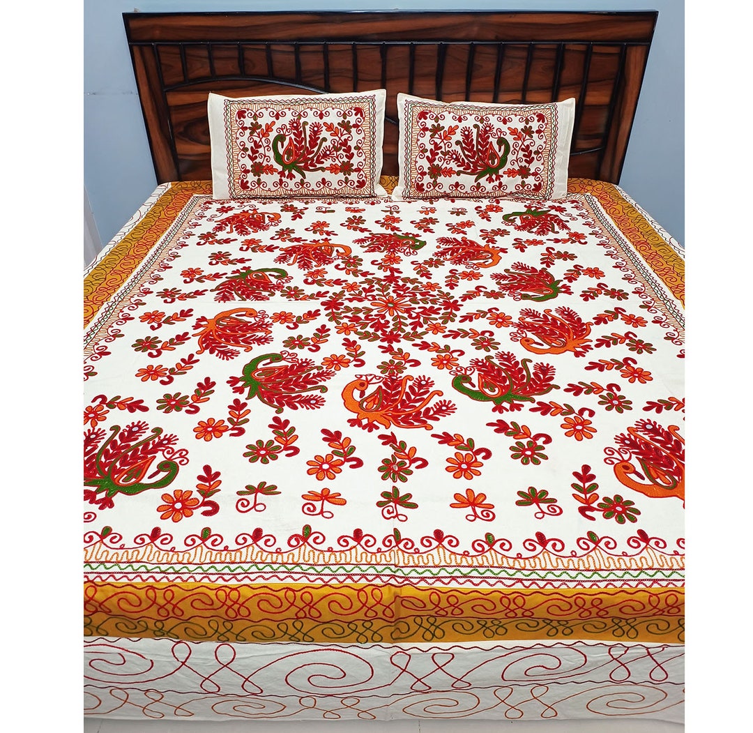 Cotton Fabric Needlework Bedding Boho Bedspread Set Pillow Cover Indian