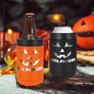 Personalized Halloween Can Coolers, Stainless Steel Engraved Insulated Custom Beverage Holder with Skeletons, Witch, Spooky, Pumpkin, Scull