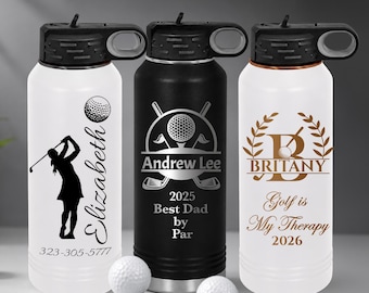 Personalized Golf Water Bottle, Engraved Insulated Flask, 32 oz - Custom Gift for Golfer - Golf Logo, Text, Name