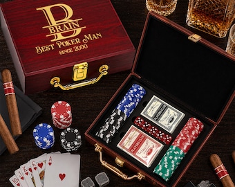 Personalized Rosewood Poker Set, Engraved Monogram Case, 100 Chips, Cards, Dice