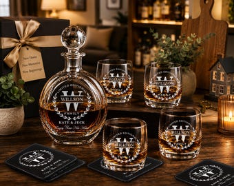 Personalized Whiskey Decanter with 4 Rocks Glasses – Custom Engraved Housewarming, Wedding Carafe Set Gift for Men & Women