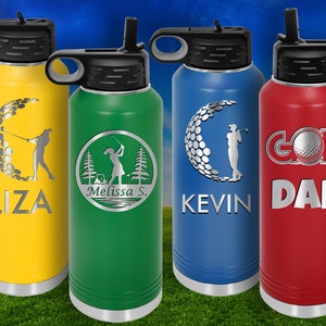 Personalized  Golf Water Bottles 32 oz with Flip-Top Lid, Custom Engraved Vacuum Insulated Stainless Steel Thermos  Golfer Gifts for Dad Mom