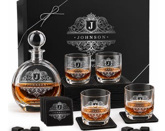 Personalized Tequila Decanter Set – Engraved  Whiskey Decanter, 4 Rocks Round Glasses, Custom Gift for Men, Dad, Husband