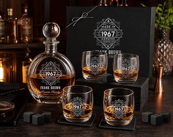 Personalized Brandy Decanter Set – Engraved Vintage Birthday Whiskey Decanter with 4 Rocks Round Glasses - Gift for Men, Boss, Husband