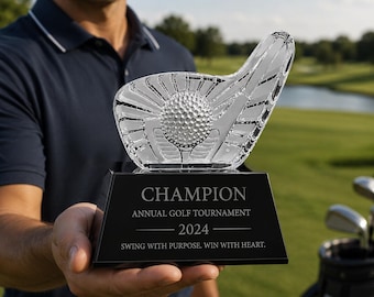 Personalized Crystal Golf Trophy Award, Engraved Champion Plaque, Golfer Recognition Gift