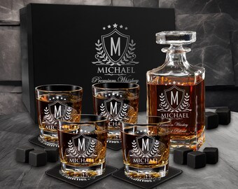 Personalized Whiskey Decanter Set with 4 Rock Glasses – Engraved Barware Gift for Men