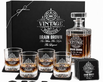 Personalized Aged to Perfection Whiskey Decanter Set with 4 Rocks Glass, Milestone Birthday Gift for Men, Husband, Boss, Grandpa