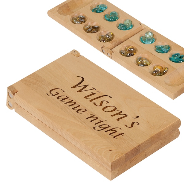 Customized Mancala Board Game with Personalized Wood Folding Board Glass Stones Marble Custom Engraved Game Set for Kids Adults All Family