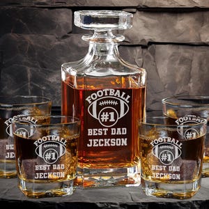 Personalized American Football Whiskey Decanter Set, Custom Decanter with 4 glasses, Brandy Carafe Gift for Football Dad, Coach, Husband