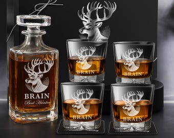 Personalized Antler Whiskey Decanter Set with 4 Rocks Glasses, Custom Hunter Deer Gift for Men