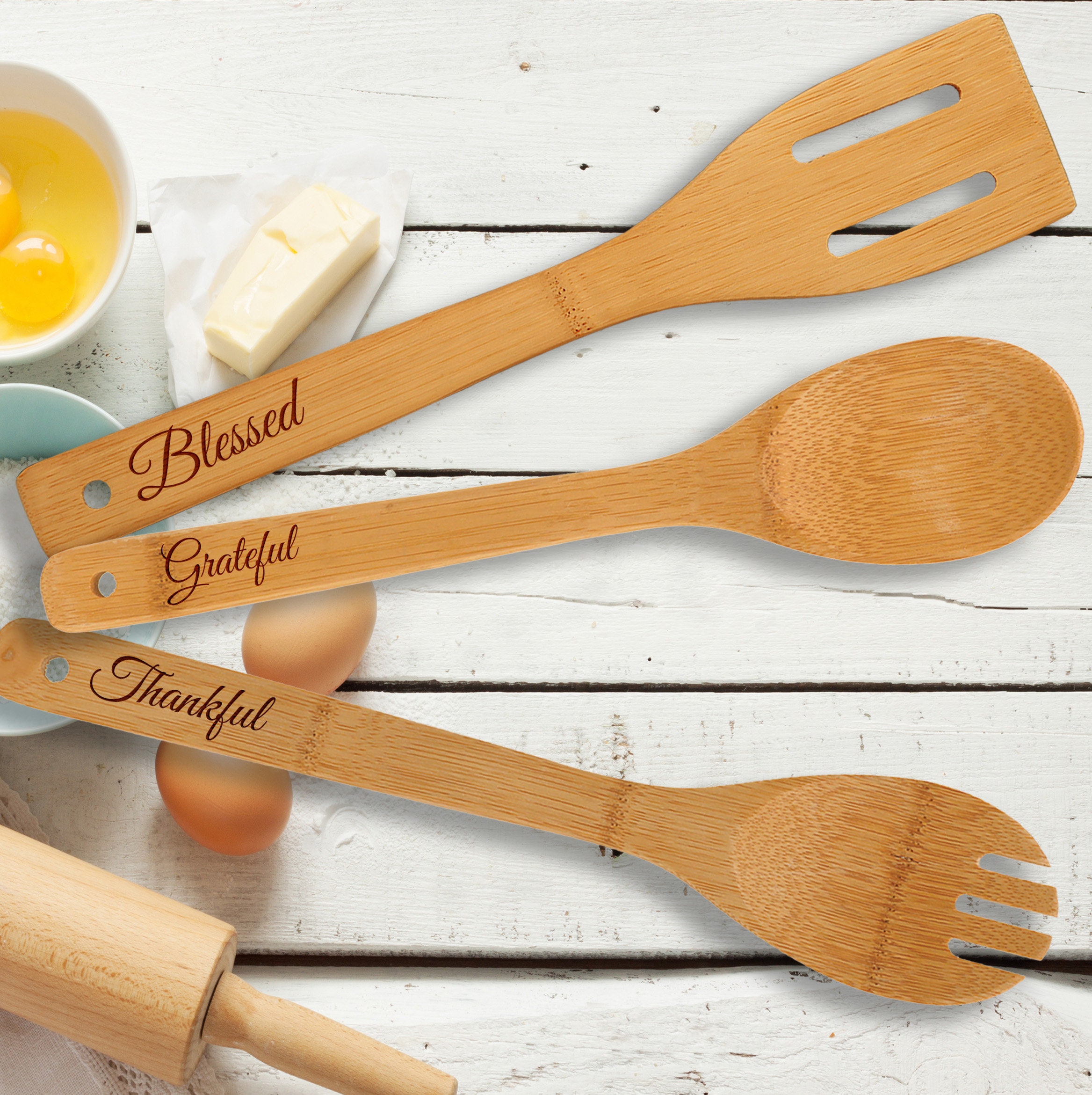 Custom Personalized Wooden Bamboo Kitchen Utensil Set Etsy UK