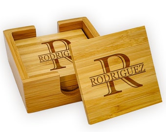 Spersonalizowany zestaw podstawek bambusowych z uchwytem – grawerowany monogram