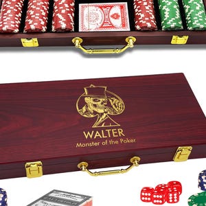 May include: A wooden poker set with a dark finish, gold hardware, and the name "WALTER" printed on the lid. The set includes poker chips in red, green, and blue, a deck of cards, and red dice.