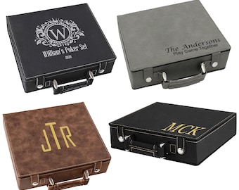 Personalized Faux Leather Poker Set, Custom Monogram Engraved Gift Case