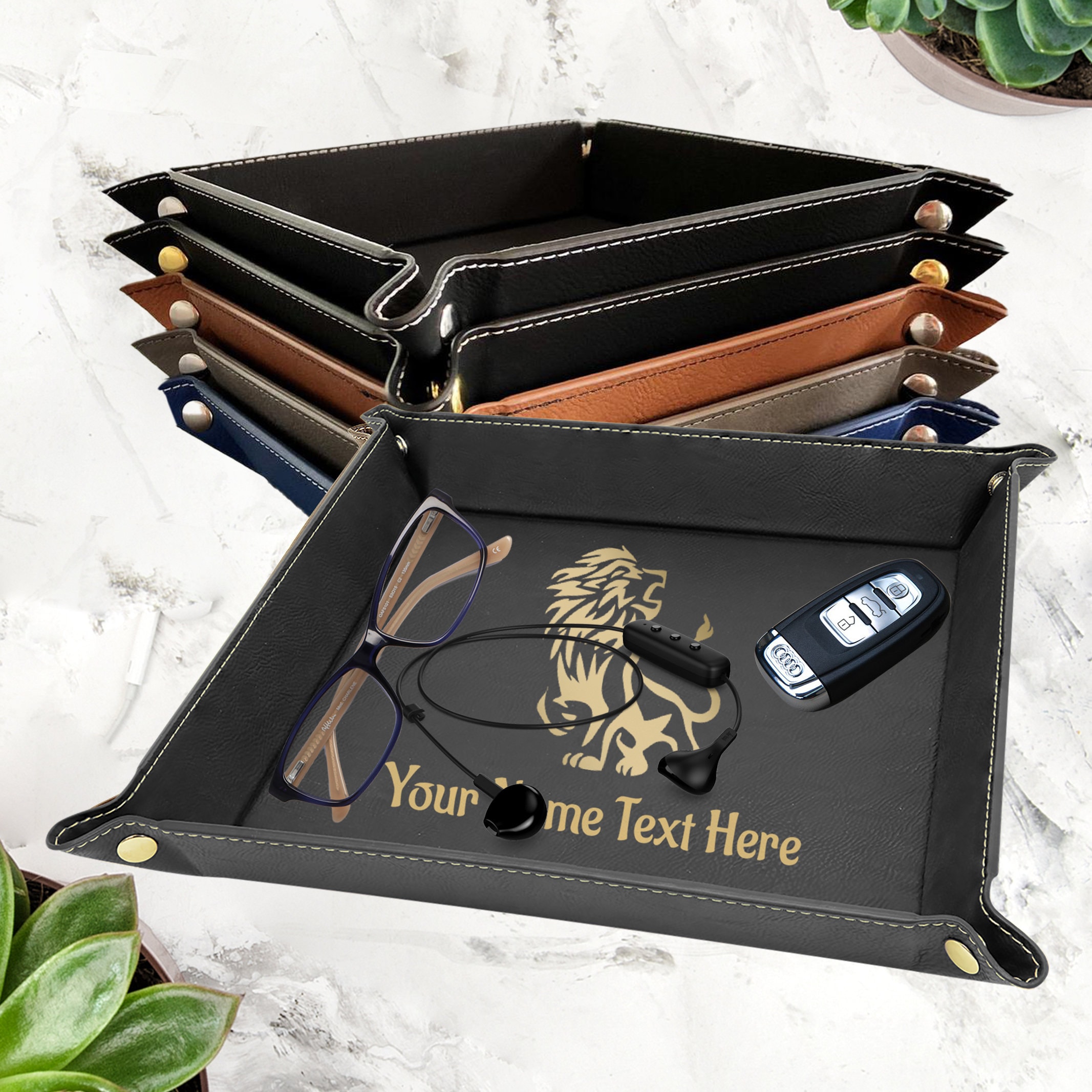 Personalized PU Leather Valet Tray With Snaps up Tray 9''x 9'', Jewelry Key Coin Tray With ...
