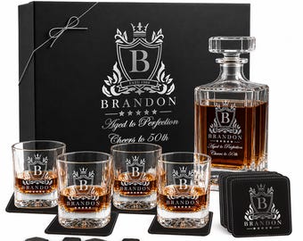 Personalized Whiskey Decanter Set with Glasses, Engraved Bourbon Carafe Gift