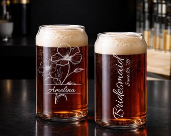 Personalized Birth Flower Can Glass – Engraved Groomsmen Beer Mug Glasses for Wedding Party