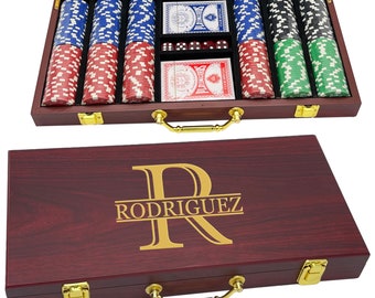 Personalized Poker Set Gift with 300 Chips Dice Customized Rosewood Finish Box Engraved with Custom Name  Monogram