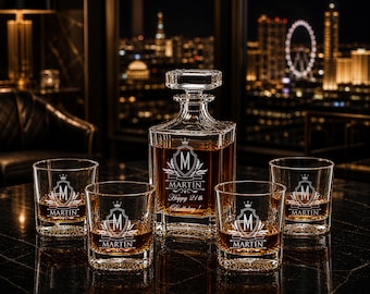 Personalized Whiskey Decanter Set with 4 Rock Glasses – Custom Engraved Bourbon Decanter Gift - 21th  Birthday Gift for Son, Dad, Husband