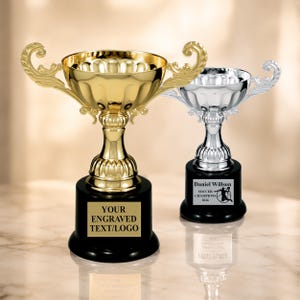May include: Two trophies, one gold and one silver, with black bases. The gold trophy has the text "YOUR ENGRAVED TEXT/LOGO" on a gold plate. The silver trophy has the text "Daniel Willson SOCCER CHAMPIONS 2026" on a black plate.