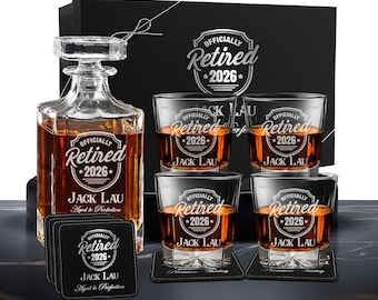 Personalized Retired Whiskey Decanter Set with 4 Glasses, Official Retired 2026 Gift for Men, Husband , Boss