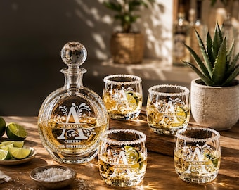 Personalized Tequila Decanter Set – Engraved 750ml Whiskey Decanter, Four 10oz Rocks Round Glasses