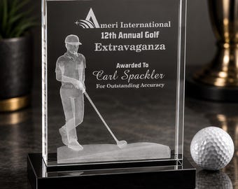 Personalized Crystal Golf Award Trophy, 3D Laser Engraved Golfer Plaque, Male Recognition Gift
