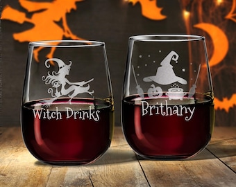 Personalized Halloween Engraved Wine Glasses, Custom Witch Pumpkin Skull (15oz)