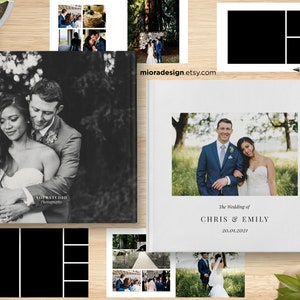 May include: A wedding photo album with a white cover featuring a color photo of a couple. The album is on a wooden surface with other photos and a plant. The text "The Wedding of CHRIS & EMILY 20.01.2021" is printed on the cover.