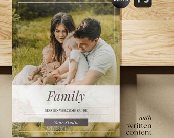 Modèle de guide de bienvenue pour les séances familiales | Toile modifiable de 28 pages, magazine client Photoshop (téléchargement instantané)