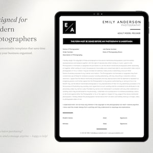May include: A digital tablet displaying an adult model release form for Emily Anderson Photography. The document features a black logo with the letters E and A, fields for photographer details, a legal agreement text, and signature lines for the model.