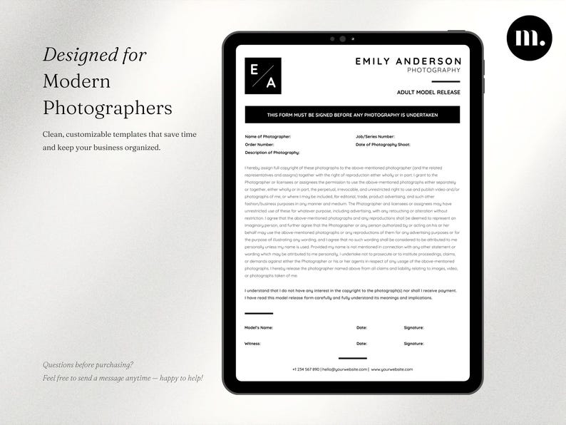 May include: A digital tablet displaying an adult model release form for Emily Anderson Photography. The document features a black logo with the letters E and A, fields for photographer details, a legal agreement text, and signature lines for the model.