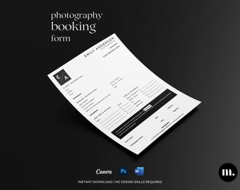Formulaire de réservation de photographie | Modèle de formulaire de réservation client | Toile PSD Word | Formulaires commerciaux pour photographes
